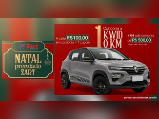 Arte da Promoção Natal Premiado Zart com o logo do Zart Supermercados, a regra de 1 cupom a cada R$100,00 em compras e um Renault Kwid 0km prata, mais 64 vale-compras de R$500,00