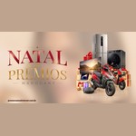 Arte da campanha Natal de Prêmios Mahogany, com o logotipo em vermelho e dourado à esquerda e, à direita, geladeira, lava e seca, Smart TV, notebook, tablet, robô aspirador, moto Honda Elite e bicicleta elétrica cercados por presentes natalinos.