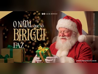 Papai Noel de barba branca e gorro vermelho sorri ao segurar um presente embrulhado em papel verde com laço dourado, ao lado do texto O Natal que só Birigui faz.