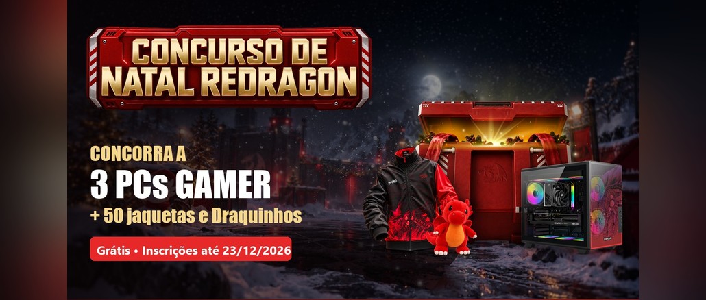 Arte do Concurso de Natal Redragon 2026 com selo vermelho e dourado, os dizeres "Concorra a 3 PCs Gamer + 50 jaquetas e Draquinhos", um baú vermelho de presente aberto, um PC gamer com gabinete vermelho, uma jaqueta preta e vermelha e um dragão de pelúcia sobre fundo de vila natalina noturna com neve.