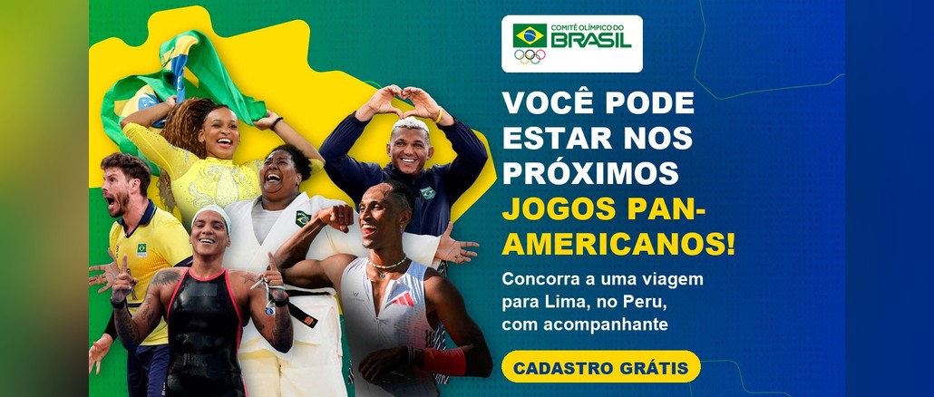 Promoção Você nos Jogos Pan-Americanos! Atletas do Time Brasil comemorando sobre um mapa amarelo do Brasil, ao lado do texto da Promoção Você nos Jogos Pan-Americanos!, do Comitê Olímpico do Brasil, que sorteia uma viagem para Lima, no Peru.