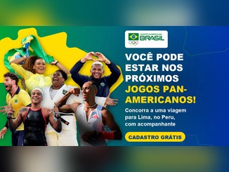 Atletas do Time Brasil comemorando sobre um mapa amarelo do Brasil, ao lado do texto da Promoção Você nos Jogos Pan-Americanos!, do Comitê Olímpico do Brasil, que sorteia uma viagem para Lima, no Peru.