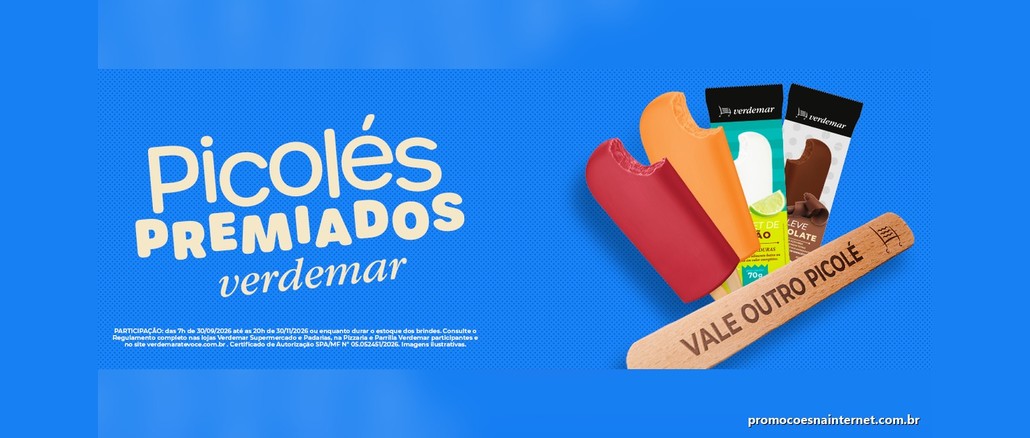 Banner da promoção Picolés Premiados Verdemar com três picolés e um palito de madeira com a frase "Vale outro picolé", sobre fundo azul.