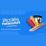 Banner da promoção Picolés Premiados Verdemar com três picolés e um palito de madeira com a frase "Vale outro picolé", sobre fundo azul.