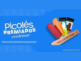 Banner da promoção Picolés Premiados Verdemar com três picolés e um palito de madeira com a frase "Vale outro picolé", sobre fundo azul.