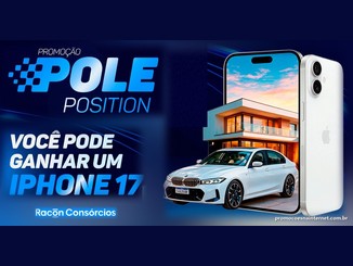 Arte da Promoção Pole Position, da Racon Consórcios, com o texto "Você pode ganhar um iPhone 17" ao lado de um iPhone com um carro branco e uma casa moderna na tela.