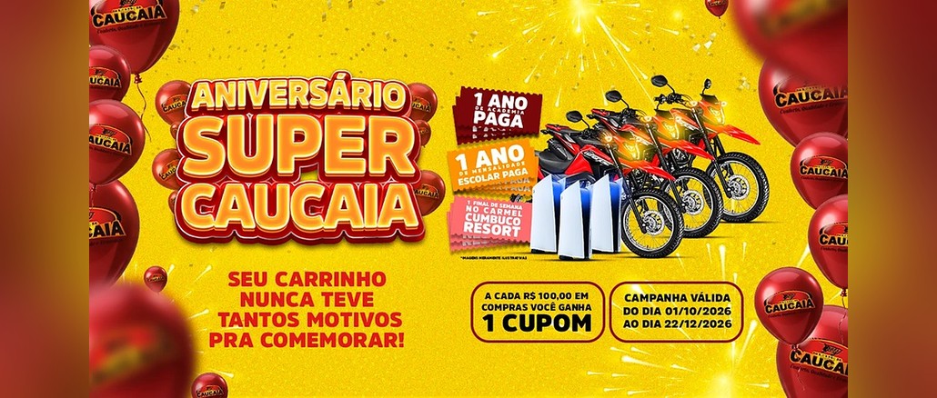 Promoção Aniversário Super Caucaia Arte da promoção Aniversário Super Caucaia com fundo amarelo, balões vermelhos com o logo do supermercado, motos vermelhas, consoles PlayStation 5 e selos de prêmios: 1 ano de academia paga, 1 ano de mensalidade escolar paga e final de semana no Carmel Cumbuco Resort.