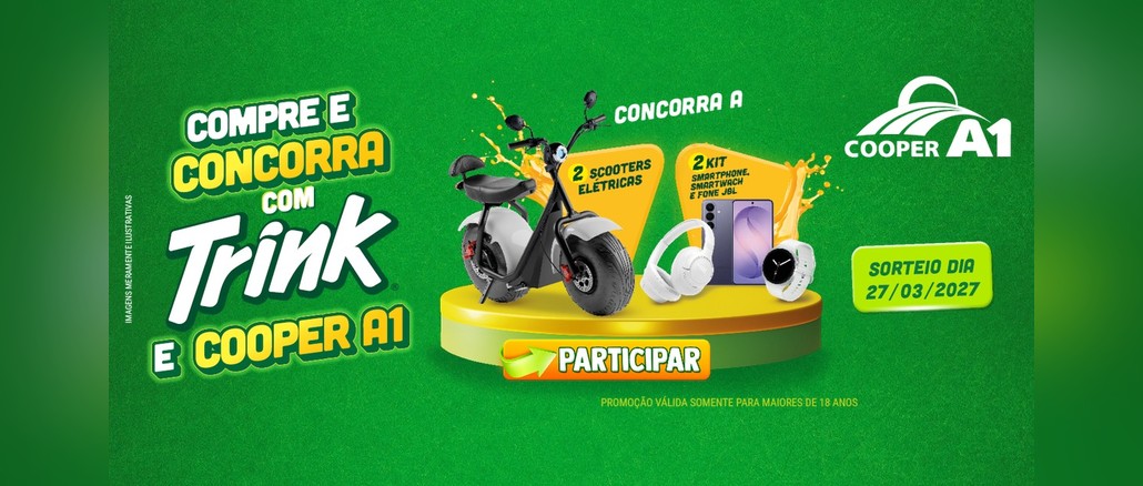 Arte da promoção Compre e Concorra com Trink e Cooper A1 com scooter elétrica, smartphone Samsung Galaxy, smartwatch e fone JBL sobre pedestal amarelo em fundo verde, com sorteio dia 27/03/2027.