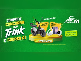 Arte da promoção Compre e Concorra com Trink e Cooper A1 com scooter elétrica, smartphone Samsung Galaxy, smartwatch e fone JBL sobre pedestal amarelo em fundo verde, com sorteio dia 27/03/2027.