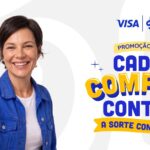 Mulher sorridente de cabelo curto e jaqueta jeans azul segura um cartão DM Visa azul ao lado do título da promoção "Cada Compra Conta! A Sorte Continua", com os logotipos da Visa e da DM.