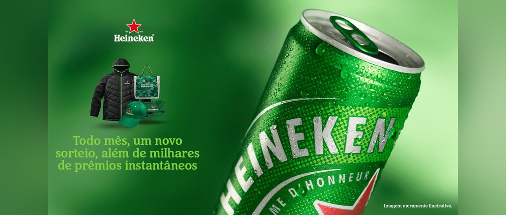 Promoção Heineken 2026 Banner da Promoção Heineken com lata de cerveja Heineken gelada coberta de gotas, logo da marca, jaqueta, ecobag, boné e pochete Heineken sobre fundo verde.