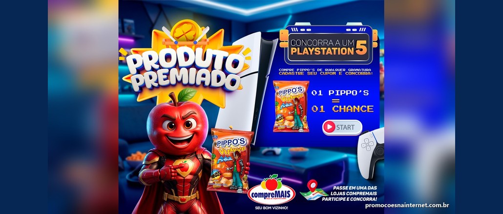 Arte da Promoção Produto Premiado da Rede CompreMais com PlayStation 5, pacotes de Pippo's e o mascote maçã super-herói