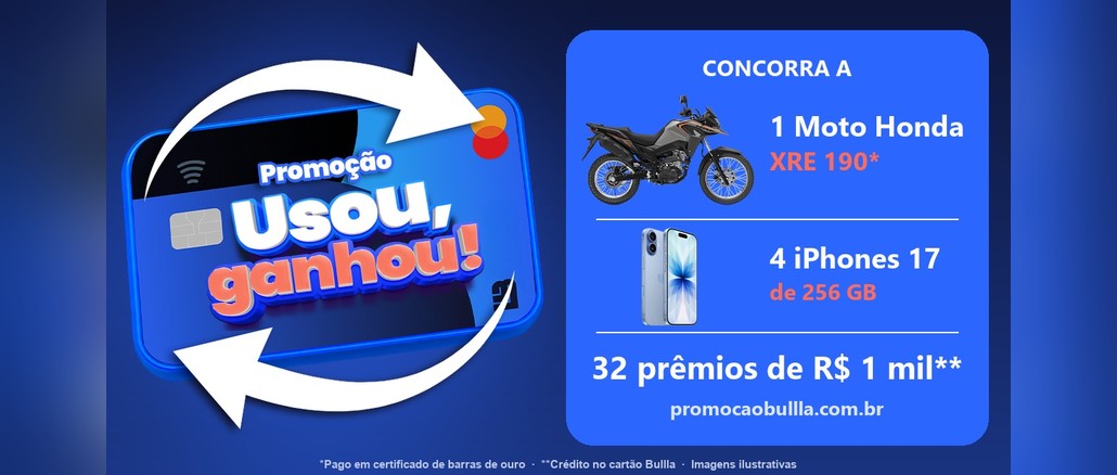 Promoção Bullla Usou, Ganhou! Arte da Promoção Usou, ganhou! Bullla com cartão azul cercado por setas brancas e painel com os prêmios: 1 moto Honda XRE 190, 4 iPhones 17 de 256 GB e 32 prêmios de R$1 mil.