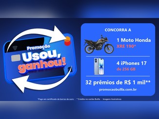 Arte da Promoção Usou, ganhou! Bullla com cartão azul cercado por setas brancas e painel com os prêmios: 1 moto Honda XRE 190, 4 iPhones 17 de 256 GB e 32 prêmios de R$1 mil.