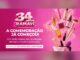 Banner rosa da promoção 34 Anos Ramavi com selo comemorativo, produtos de maquiagem saindo de uma nécessaire e a chamada para compras a partir de R$150 que geram 1 chance no app Ramavi Mais.