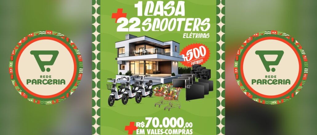 Campanha de Aniversário 23 Anos Rede Parceria, Parceria que é de Casa! Arte da campanha de aniversário de 23 anos da Rede Parceria anunciando 1 casa, 22 scooters elétricas, mais de 500 prêmios e R$70.000,00 em vales-compras, ladeada pelo logo da Rede Parceria.
