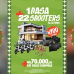 Arte da campanha de aniversário de 23 anos da Rede Parceria anunciando 1 casa, 22 scooters elétricas, mais de 500 prêmios e R$70.000,00 em vales-compras, ladeada pelo logo da Rede Parceria.