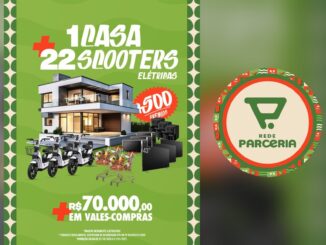 Arte da campanha de aniversário de 23 anos da Rede Parceria anunciando 1 casa, 22 scooters elétricas, mais de 500 prêmios e R$70.000,00 em vales-compras, ladeada pelo logo da Rede Parceria.