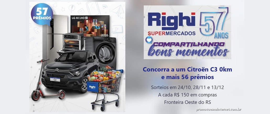 Arte da Promoção Righi Supermercados 57 Anos com um Citroën C3 preto, geladeira, Smart TV LG 4K, lavadora, air fryer, patinete elétrico e carrinho de compras, ao lado do logotipo Righi 57 Anos e dos sorteios de 24/10, 28/11 e 13/12