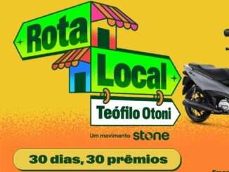 Arte da promoção Rota Local Teófilo Otoni, um movimento Stone, com moto Honda Biz cinza, TV, notebook, smartphone e cartão presente sobre fundo amarelo e laranja, com a frase "A cada R$50,00 = uma chance de ganhar".
