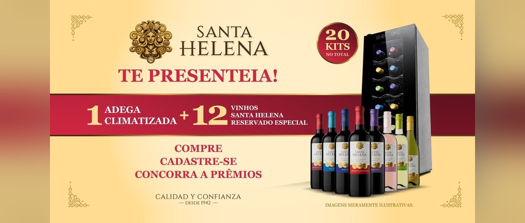 Santa Helena Te Presenteia Arte da promoção Santa Helena Te Presenteia com adega climatizada preta cheia de garrafas, oito vinhos Santa Helena Reservado Especial de rótulos coloridos à frente e a chamada 1 adega climatizada + 12 vinhos, 20 kits no total.