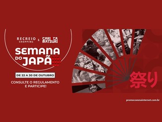 Arte vermelha da Semana do Japão, de 22 a 30 de outubro, do Recreio Shopping em parceria com o Carioca Matsuri, com leque de fotos de festival japonês e a frase consulte o regulamento e participe