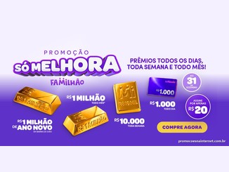 Arte da promoção Só Melhora do Familhão com barras de ouro de R$1 milhão, barra de R$10 mil e cartão de R$1.000, ao lado do selo "assine por apenas R$20" e do botão "Compre agora".