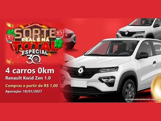 Arte da Promoção Sorte Real é na Total, edição de 30 anos da Drogaria Total, com quatro carros Renault Kwid brancos e o texto 4 carros 0km, compras a partir de R$1,00 e apuração em 18/01/2027.
