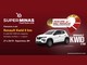 Arte da Promoção Superminas: Acelere Seu Negócio com um Renault Kwid branco 0 km, o selo "Acelere seu negócio" e o logotipo da Superminas Food Show 2026, sobre fundo vermelho-escuro.