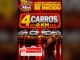 Arte da campanha de 16 anos da Rede Supremamais com o destaque "4 Carros 0 km", quatro Renault Kwid brancos sobre pedestais dourados, um leão mascote de coroa e microfone e o logotipo da Rede Supremamais Supermercados.
