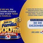 Arte da promoção Tudo em Família do São João Supermercados com cartão dourado, selo de 12 prêmios, R$100 mil em prêmios e data do sorteio em 30 de dezembro.