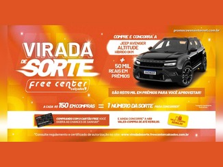 Arte da promoção Virada de Sorte Free Center Calçados com um Jeep Avenger Altitude híbrido 0km preto, a chamada "Compre e concorra" e a informação de R$50 mil em prêmios, além de um cartão Free e um vale-compra de R$150,00.