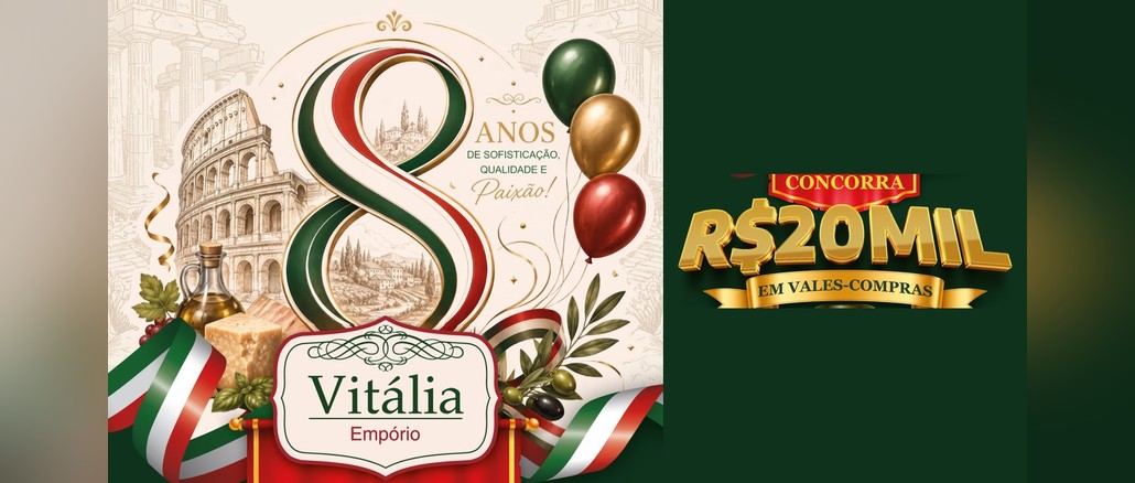 Vitália Empório 8 Anos Arte da promoção Vitália Empório 8 Anos com o número 8 em fitas verde, branca e vermelha, o Coliseu, balões e o logo Vitália Empório, ao lado do texto "Concorra R$20 mil em vales-compras".