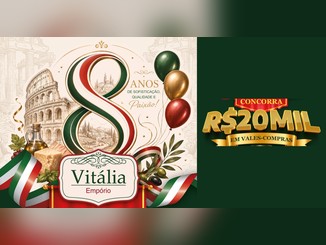 Arte da promoção Vitália Empório 8 Anos com o número 8 em fitas verde, branca e vermelha, o Coliseu, balões e o logo Vitália Empório, ao lado do texto "Concorra R$20 mil em vales-compras".